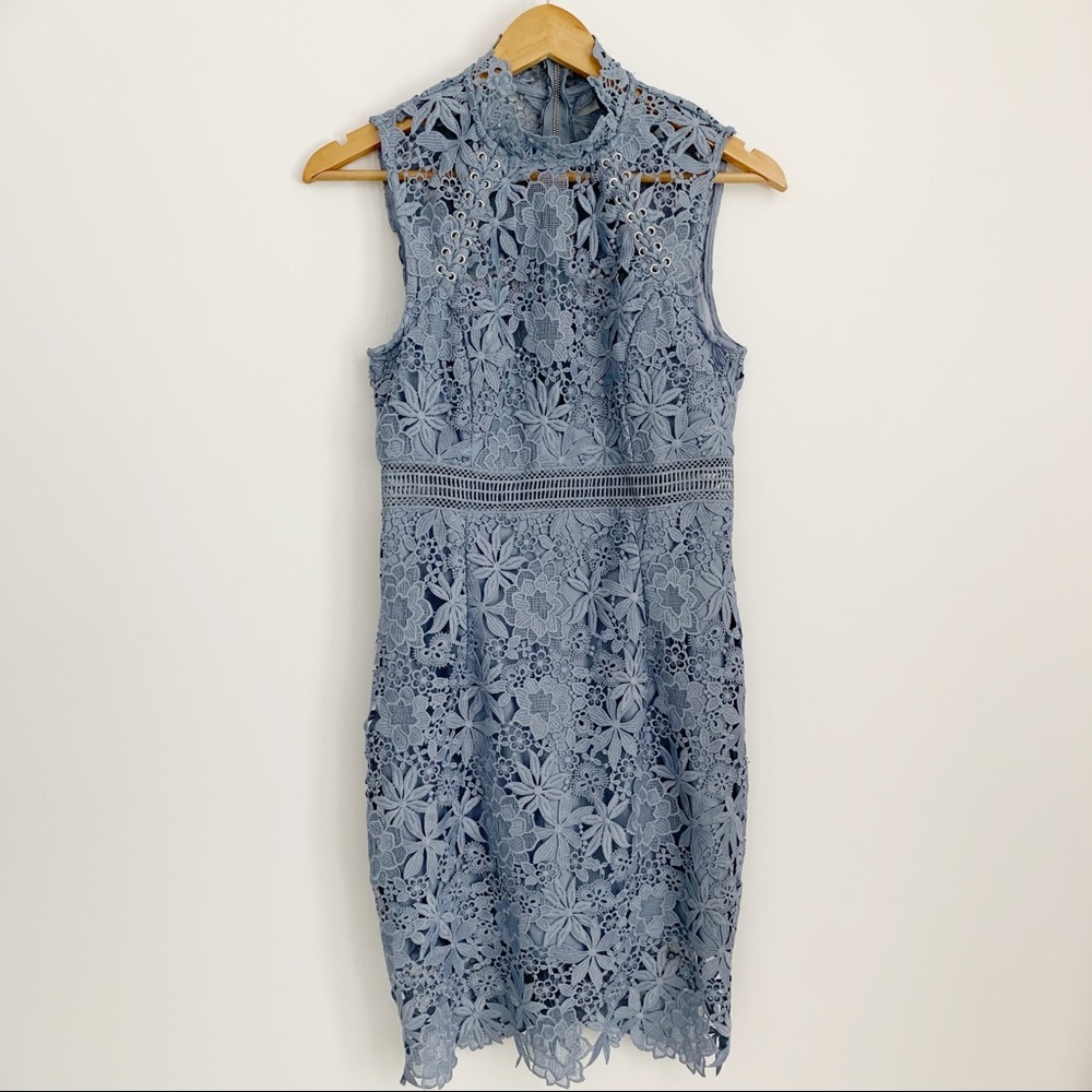 Bardot Paris Lace High Neck Dress Dusty Blue